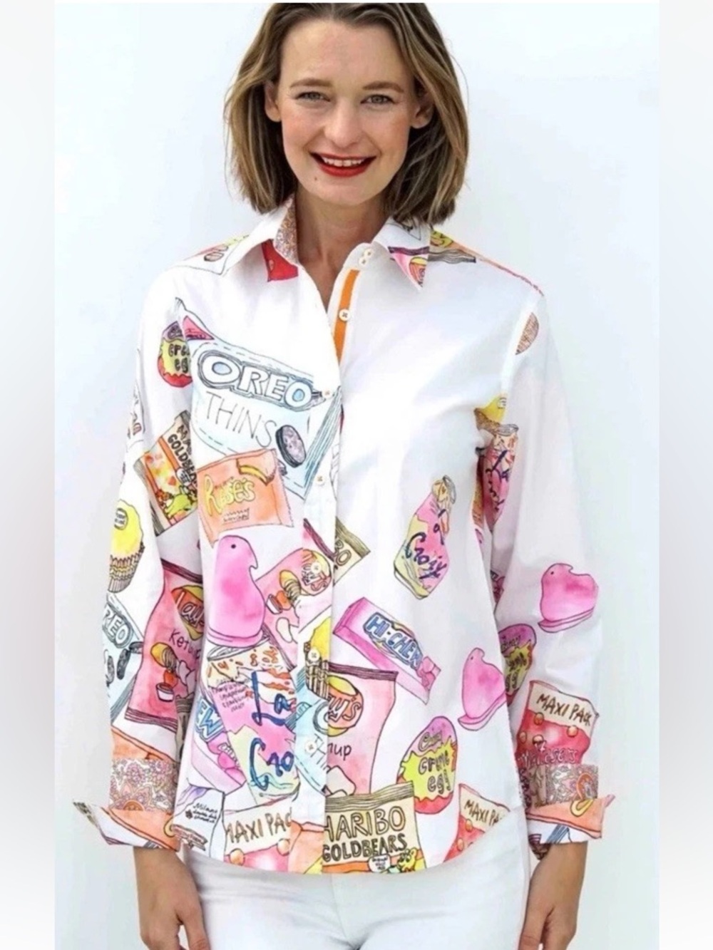 Tizzie Top Women’s Size Small Candy Sweets Shirt Reese’s Oreos Snacks Button